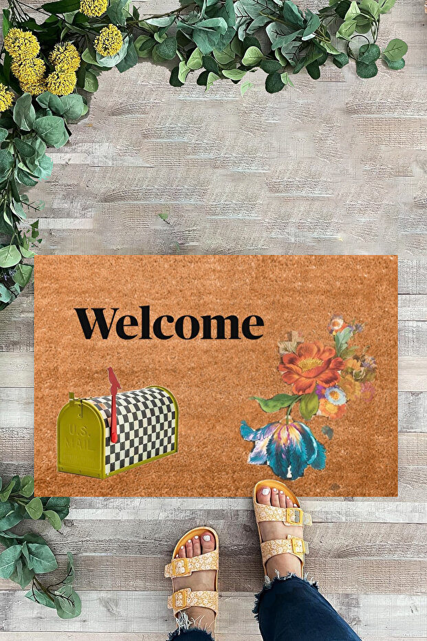 Checkerboard Patterned Mailbox - Interior and Exterior Door Mat, Welcome