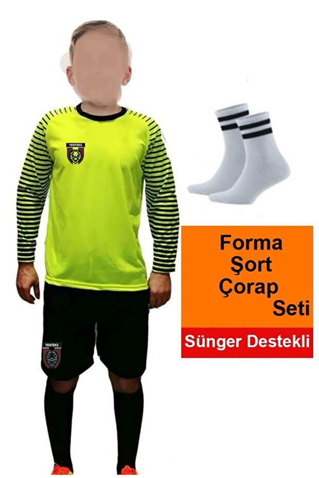 Çocuk Kaleci Forması Neon Yeşil Siyah Şort Forma+Şort+Çorap+Bileklik - 2
