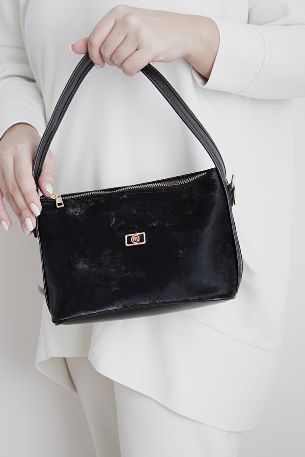 Black Suede Look Adjustable Cross Strap Faux Leather Women's Hand and Shoulder Bag