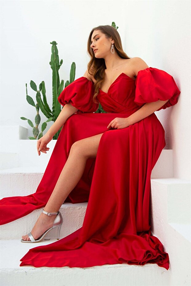 Red Satin Balloon Sleeve Slit Long Evening Dress