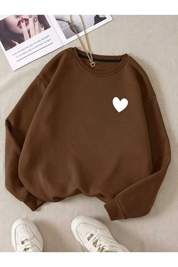 Women's Brown Minimal Heart Printed Crew Neck Oversize Embossed Sweatshirt Hoodie
