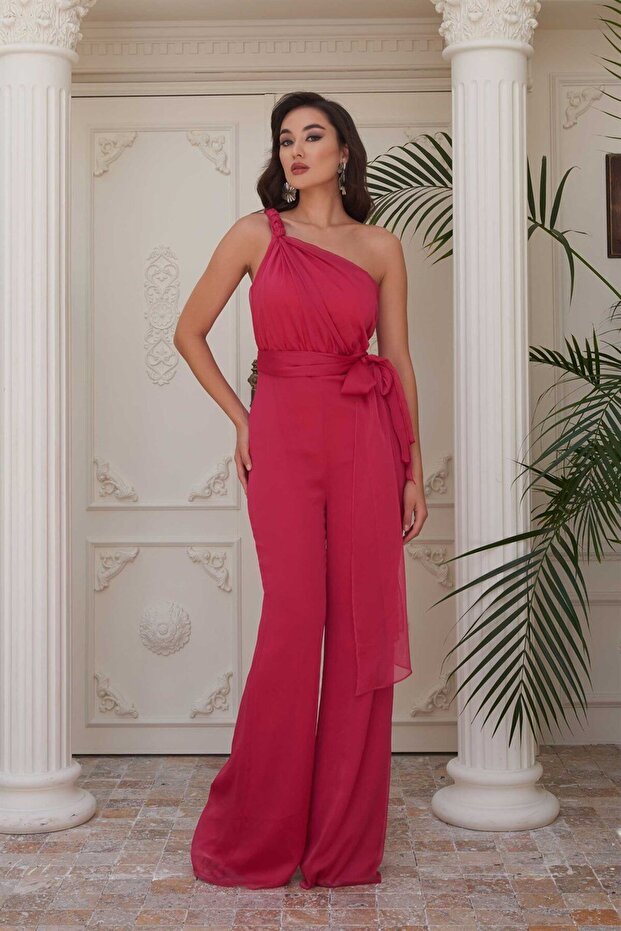 Fuşya Şifon Tek Omuz Örgülü Tulum - 3