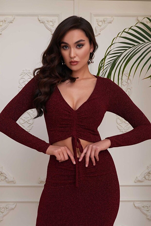 Bordo Örme Önü Dekolteli Kısa Abiye Elbise - 4