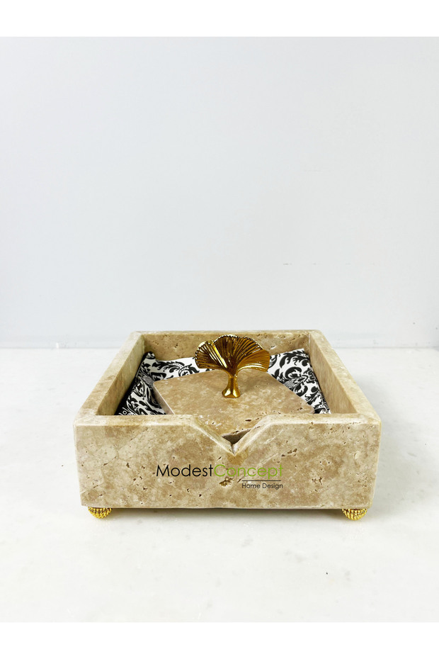 Travertine Marble Napkin Holder Gold Gingko - Travertine Napkin Holder