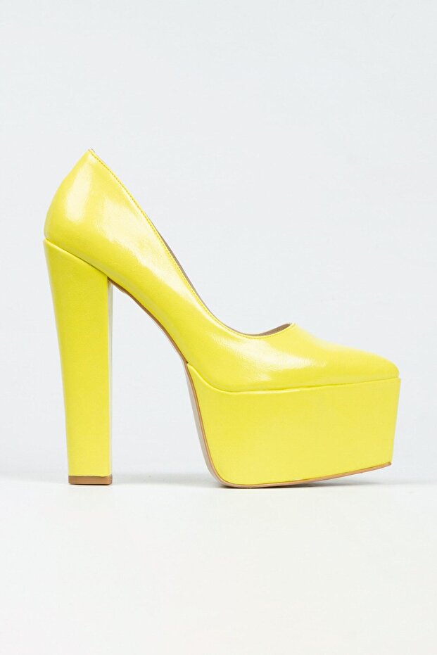 Sarı Klasik Sivri Kalın Topuklu Sivri Platformlu Kadın Abiye Ayakkabı 25034se - 2