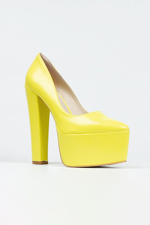 Sarı Klasik Sivri Kalın Topuklu Sivri Platformlu Kadın Abiye Ayakkabı 25034se - 3