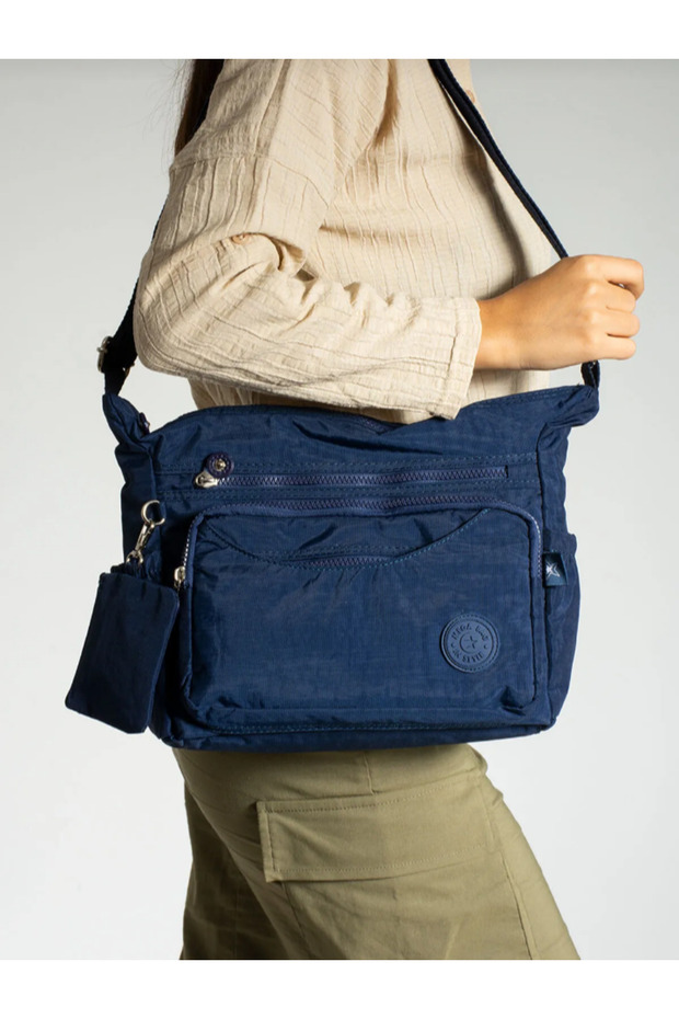 Dark Blue Crinker Fabric Multi-Compartment Shoulder Bag - 1