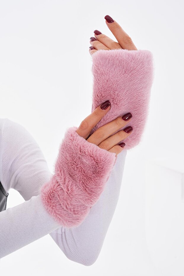Pembe Peluş Kadın Eldiven - 6