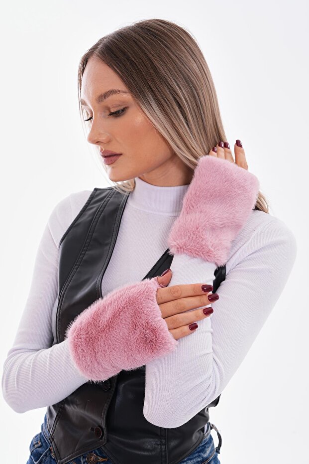 Pembe Peluş Kadın Eldiven - 3
