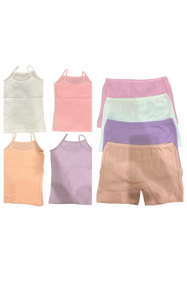 Cotton Combed Cotton Girls' Ribbed Soft Pastel Colored Tank Top Boxer Set 8-Piece Comfortable Set