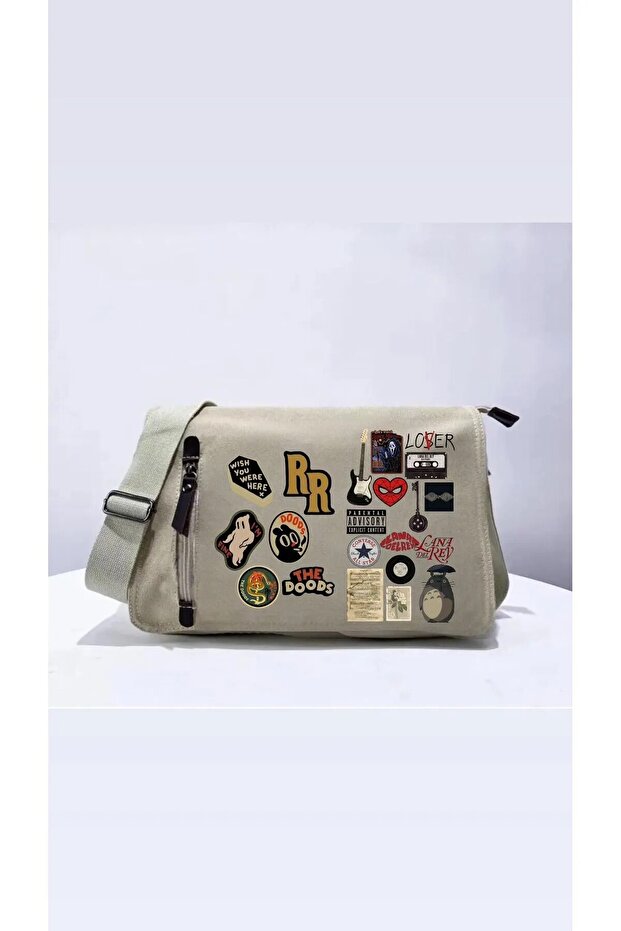 Beige Color Mixed Pin Detail Special Series Canvas Model Messenger Bag