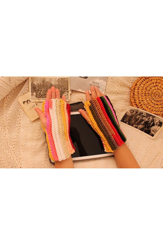 Karışık renkli kalın kışlık parmaksız model tarz eldiven - 3