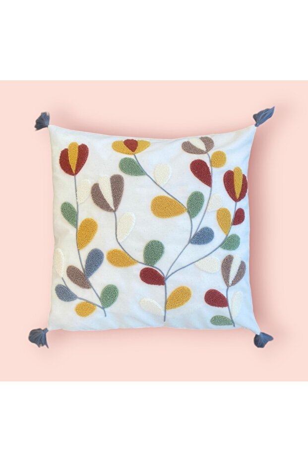 Punch Embroidered Throw Pillow Cover Bohemian Style Linen Fabric
