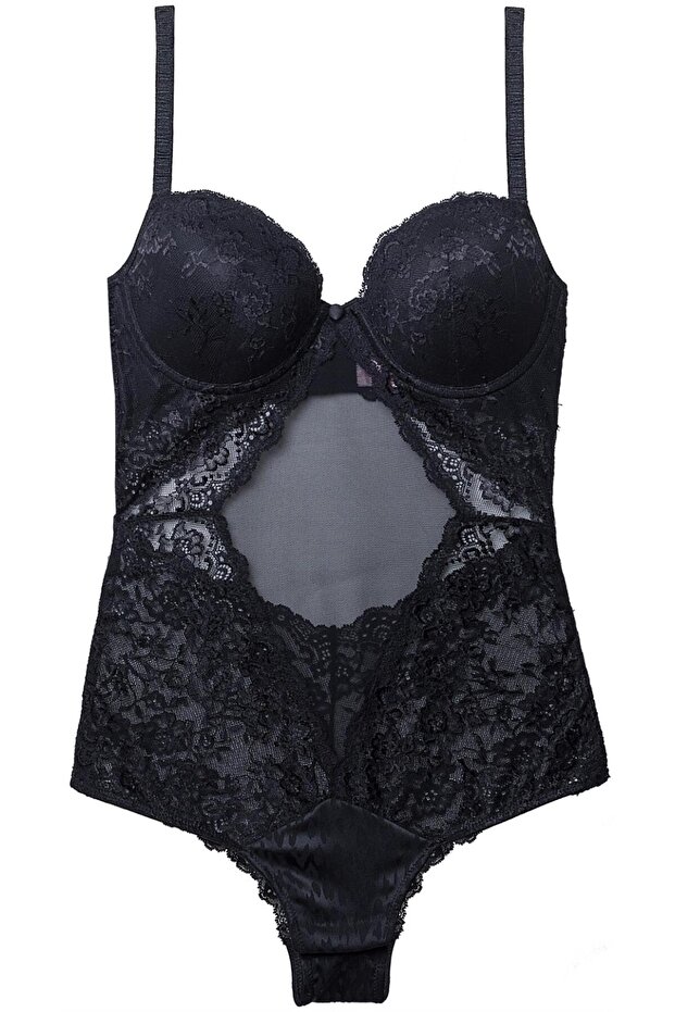 8610 Tüm Dantelli Dekolteli Body - Siyah - 1
