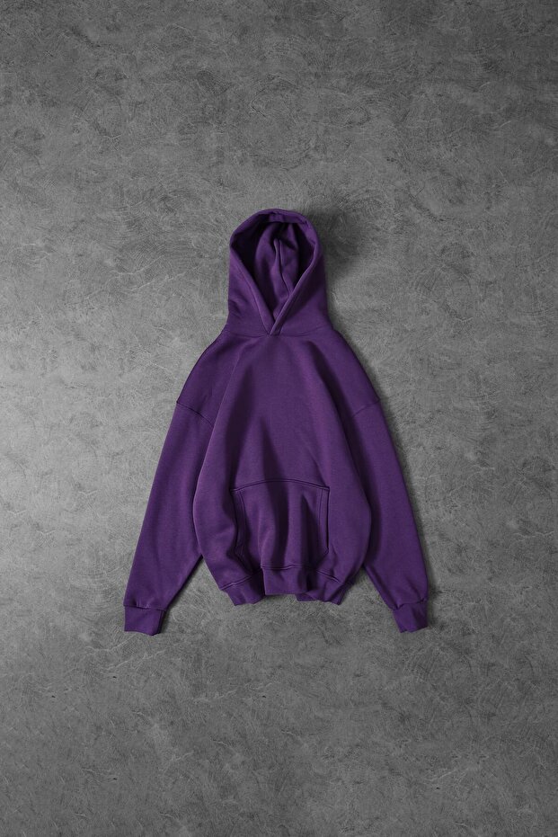 Erkek Mor Basic Kapüşonlu Oversize Sweatshirt - 1