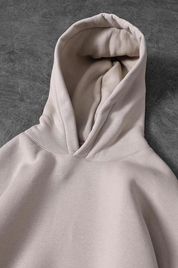 Erkek Bej Basic Kapüşonlu Oversize Sweatshirt - 2