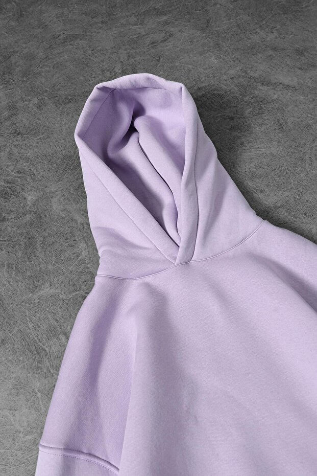 Erkek Lila Basic Kapüşonlu Oversize Sweatshirt - 2