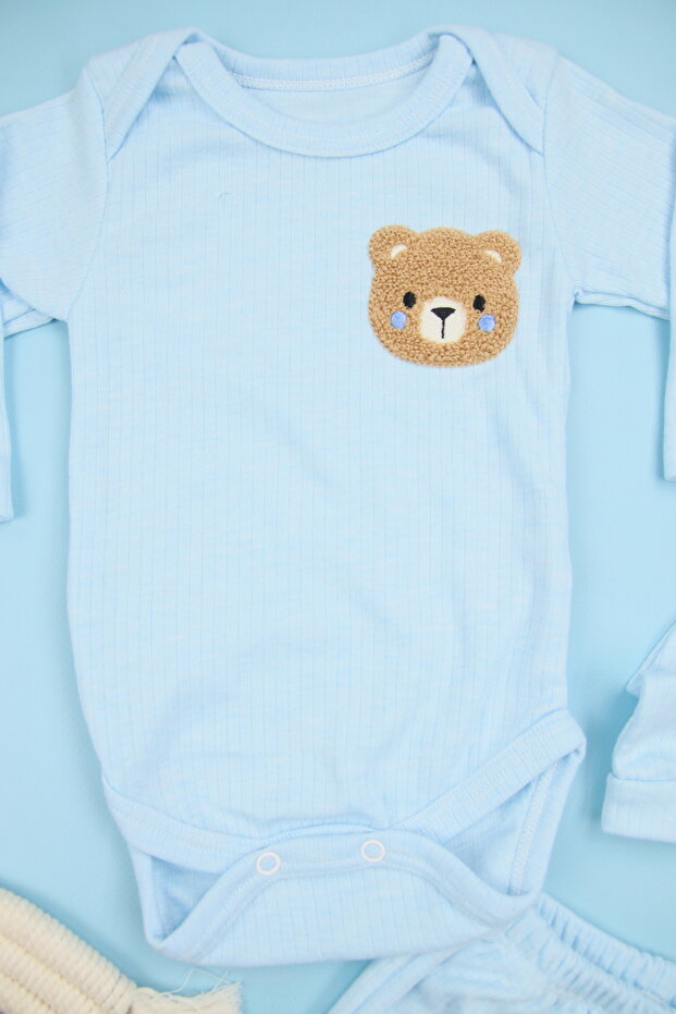 Sevimli Ayıcık Ve Kedi Nakışlı 3 lü Bebek Zıbın Takımı - 2