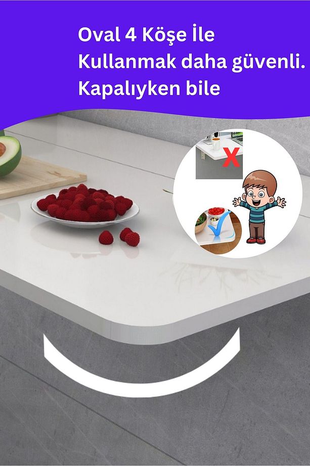 45x 72 cm Mdf Lam 4 Köşesi Oval Duvara Monte Kırma Katlanır Yemek Mutfak Masası - 5