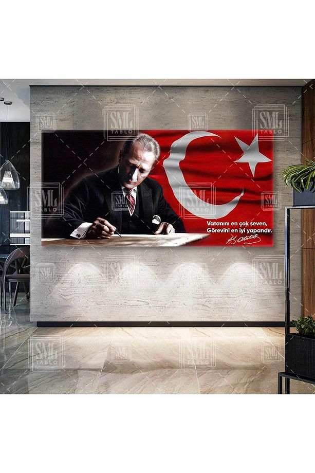 Mustafa Kemal Atatürk Vatanını En Çok Seven Görevini En İyi Yapandır Enine Yatay Kanvas Tablo - 1