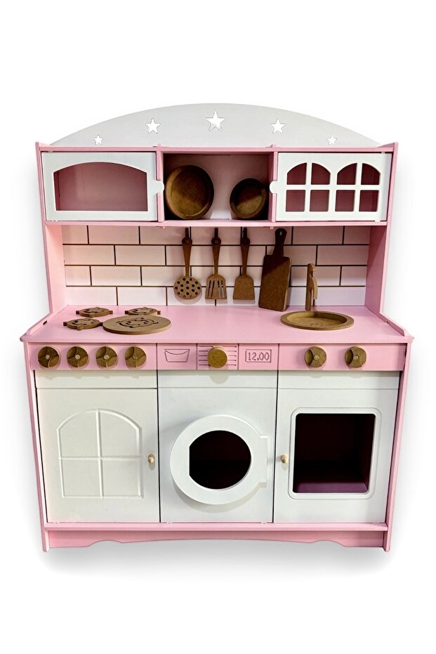 Boyalı Ahşap Oyuncak Mutfak Servis Seti Pembe- Beyaz - 6