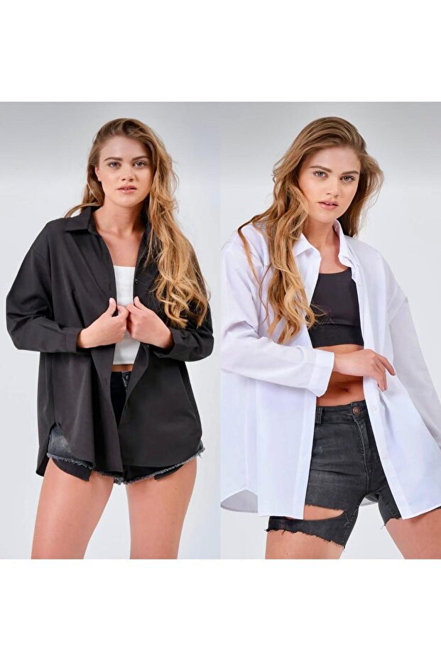 Kadın Beyaz Ve Siyah 2' Li Oversize Uzun Basıc Gömlek - 1