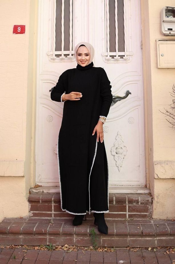 Çoban Dikişli Balıkçı Yaka Yanları Yırtmaçlı Elbise Pantolon Tesettür Takım - 3