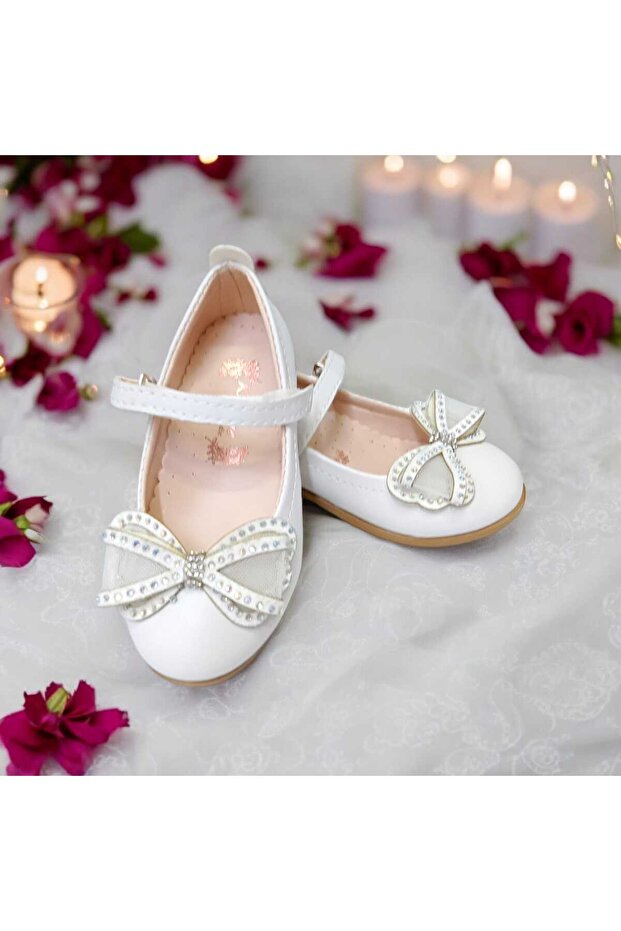 Girl's White Orthopedic Ballerinas with Bow