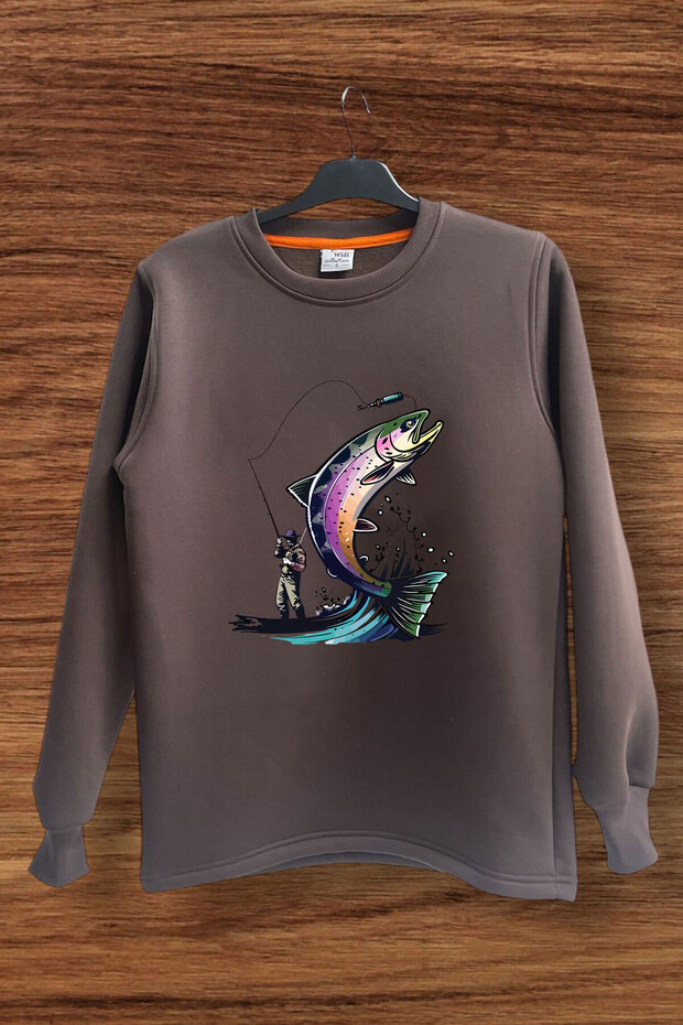 Hunter Hunting Fishing Trout Printed Regular Fit 100% Cotton Crew Neck Sweatshirt