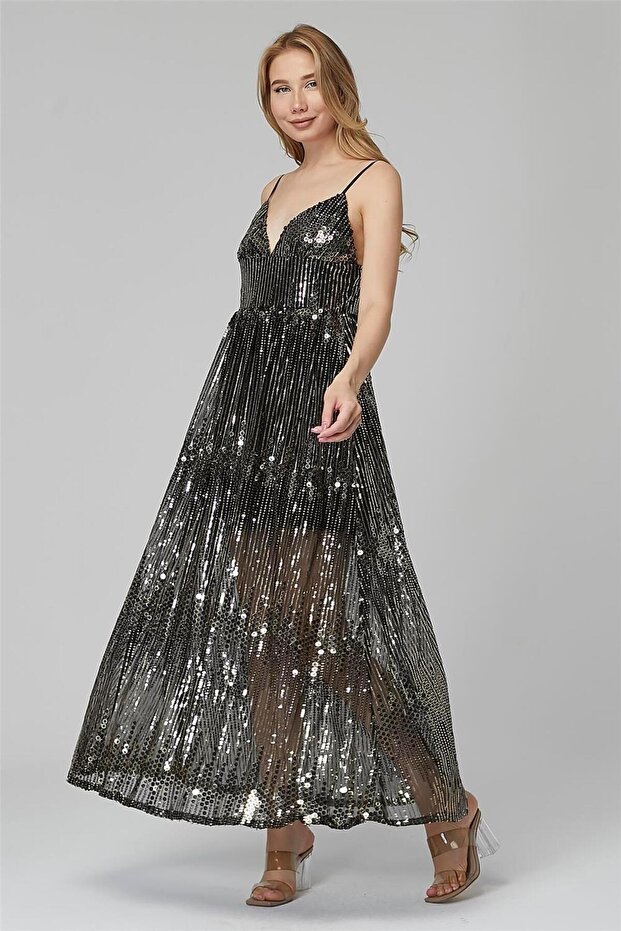 Uzun Metalik Pullu Elbise - 3