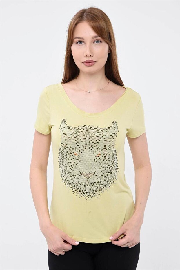 Tshirt Basic Taşlı Kaplan Kıvrık Makas - Sarı - 1
