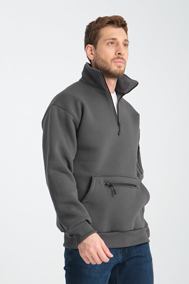 Men's Smoked Unisex Oversize Cotton Inner Fleece Standing Collar Kangaroo 3-Pocket Sweatshirt