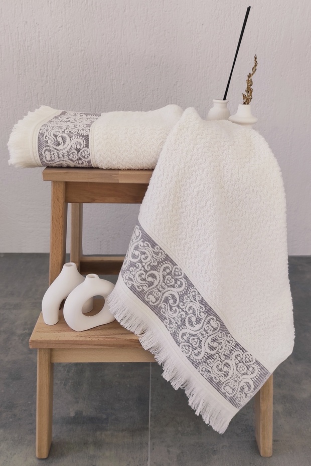 2-Piece Embossed Border & Tassel Hand/Face Towel - 100% Cotton & Soft - 50 X 85 cm - Purple