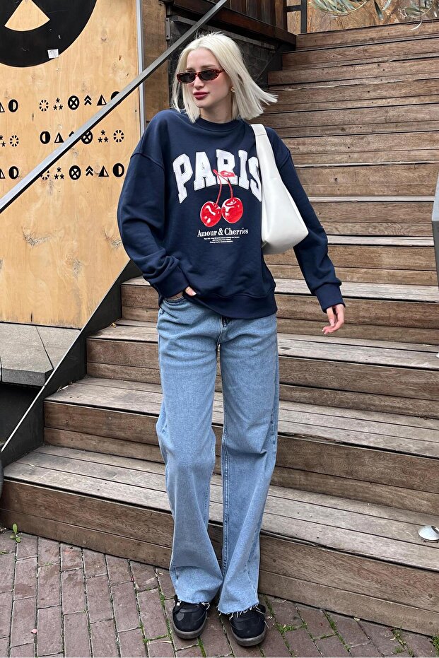 Lacivert Bisiklet Yaka Basic Sweatshirt MG2233 - 3