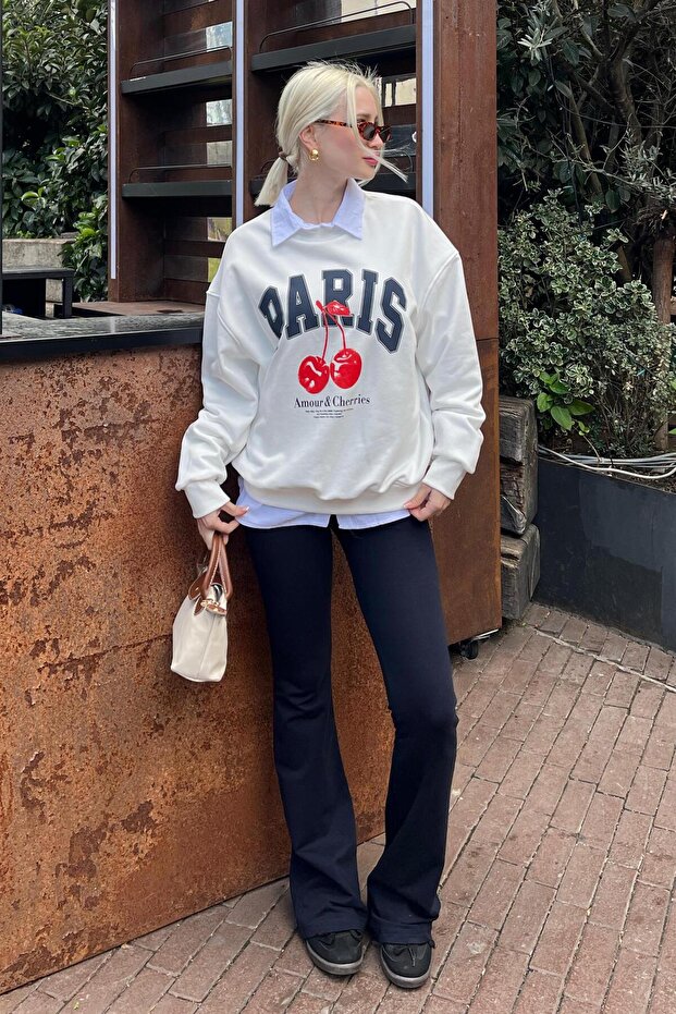 Beyaz Bisiklet Yaka Basic Sweatshirt MG2233 - 3