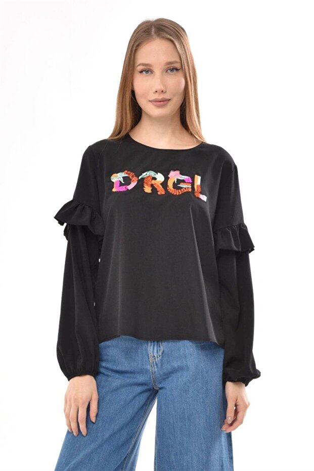 Blouse Dgrl Embroidery Sequined Sleeve Ruffled Neck Buttoned Sleeve L - Black
