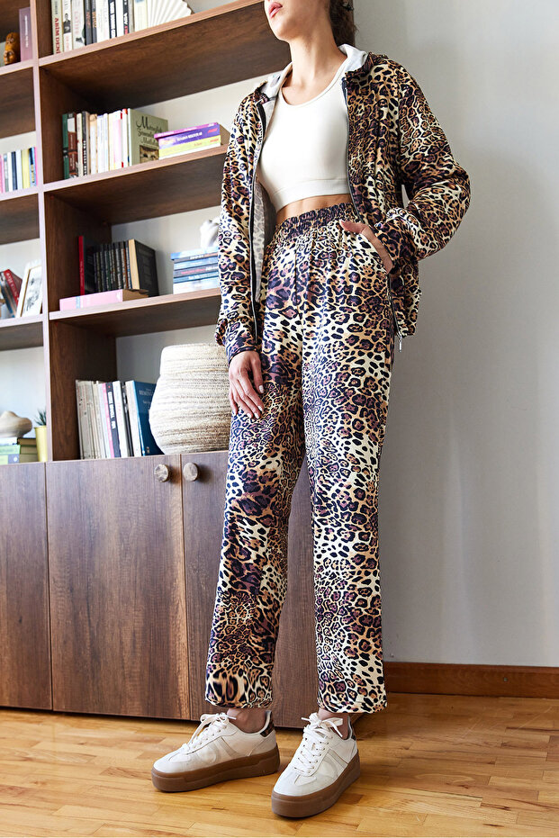 Women's Brown Leopard Patterned Top and Bottom Set Mbms053 60501053