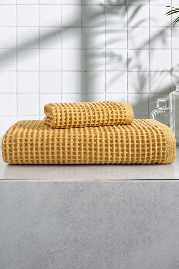 2'li Gofre Banyo Havlu Seti - Yumuşak Ve Yüksek Su Emici- Waffle Dokuma & Petekli Havlu- Hardal - 1