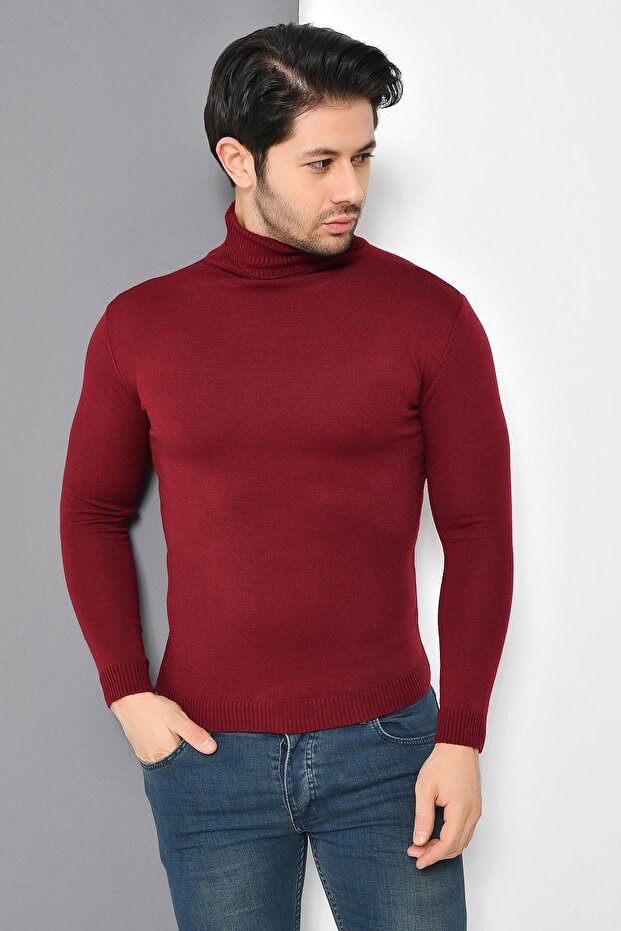 Men's Burgundy Full Turtleneck Basic Knitwear Sweater