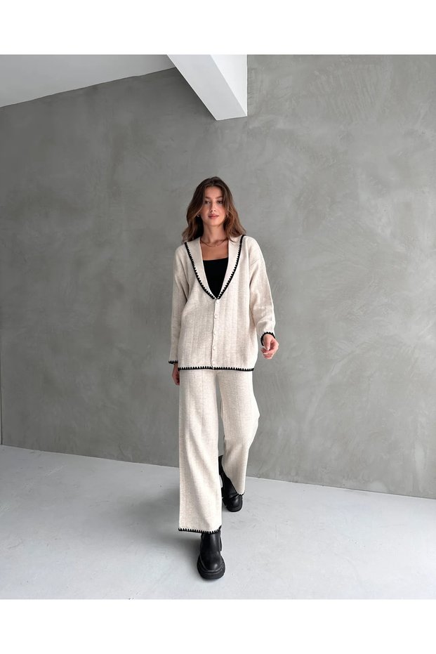 Women's Shawl Collar Buttoned Ribbed Detailed Cardigan and Wide-Legged Trousers Knitwear Top-Bottom Set Ecru