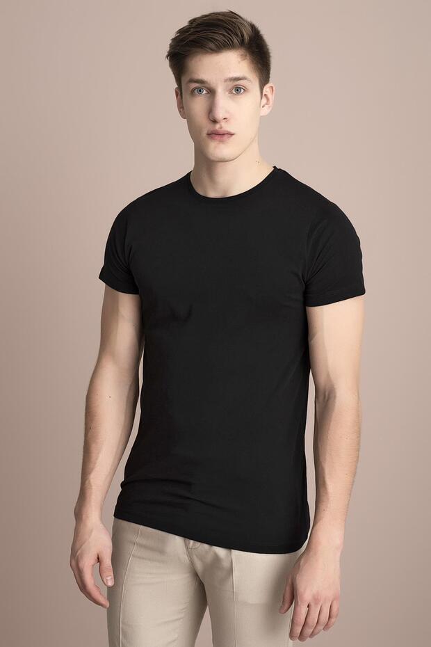 Erkek Siyah Bisiklet Yaka Basic Tişört - 4