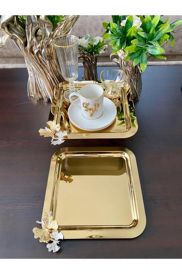 2 Pcs Coffee & Tea & Presentation Tray Gold Tray with Butterfly Design
