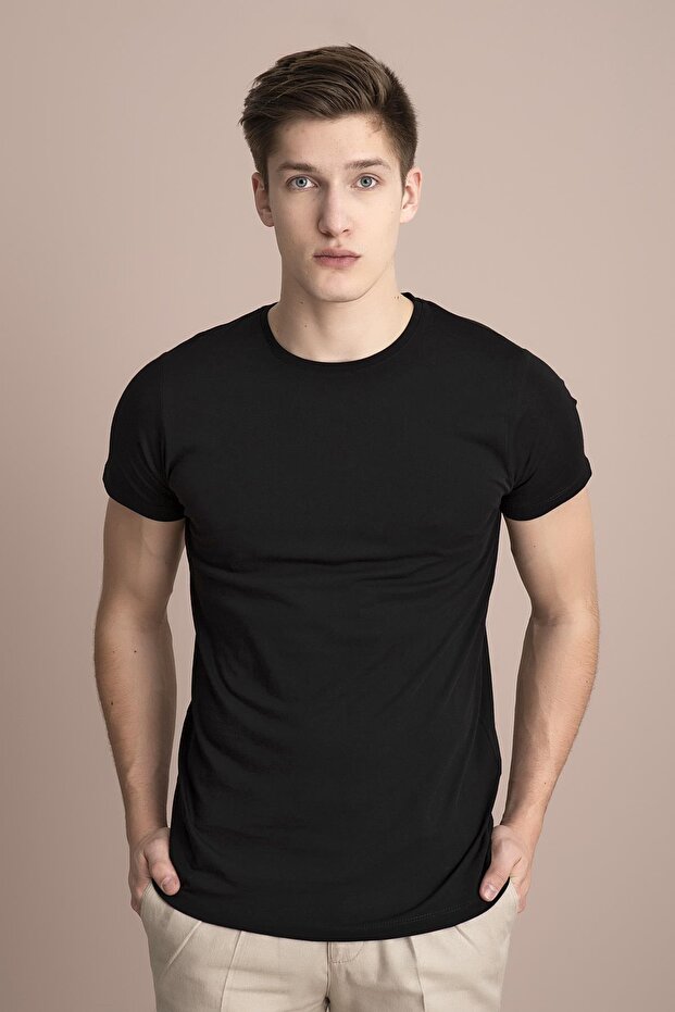 Erkek Siyah Bisiklet Yaka Basic Tişört - 8