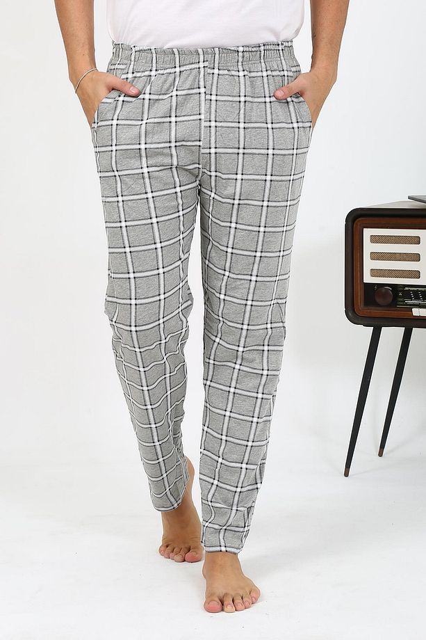 Erkek Ekoseli Desen Penye Tek Alt Pijama 27540 Gri - 6