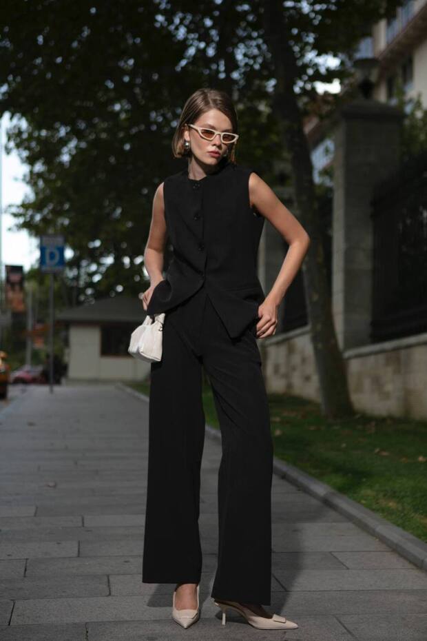 Schwarzes Camille Classic Button-Down-Weste-Hosen-Set-8449 - 1