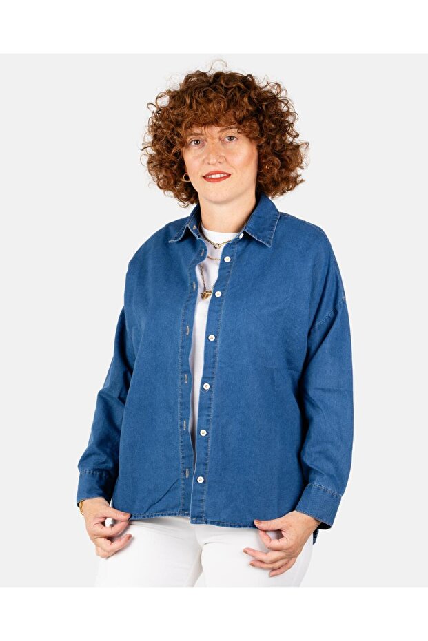 Dark Blue Denim Shirt with Button Detail