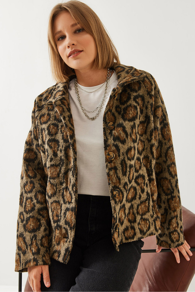 Women's Black Camel Leopard Patterned Coat 38143 60351154