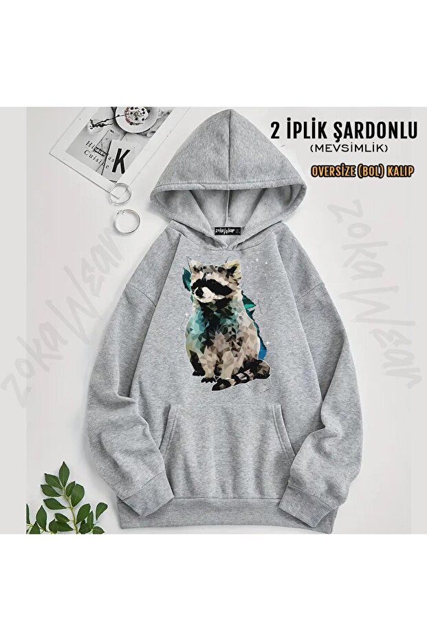 Raccoon V2 Printed Hooded Oversize Sweatshirt (2 Thread)