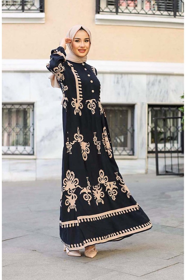 فستان منقوش باللون الأسود - موديل 4100-07 - 5