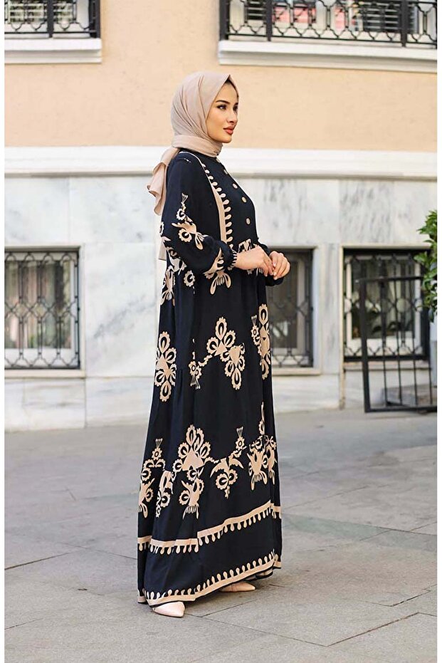 فستان منقوش باللون الأسود - موديل 4100-07 - 6
